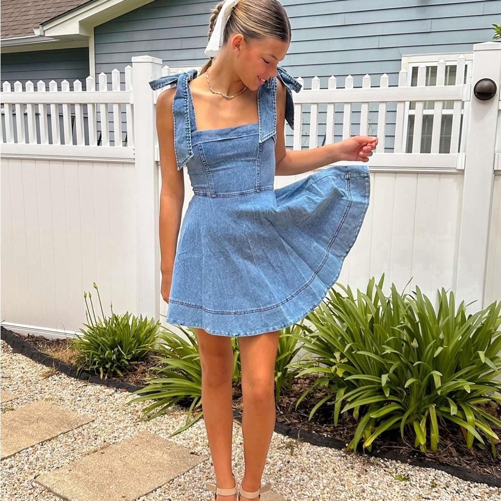 Women's Washed Blue Denim Mini Dress- Casual Everyday Style - Picture 7 of 13